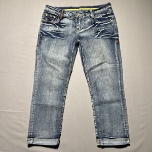 Coogi Jeans Womens 11/12 Blue Distressed Embroidered Stretch Denim Mid Rise Logo